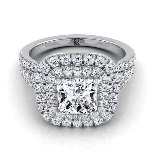 18K White Gold Princess Cut Diamond Four Row Split Shank Pave Double Halo Diamond Engagement Ring -7/8ctw