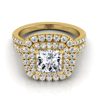 Four Row Double Halo Princess, in 18K Yellow Gold, pave setting | RockHer