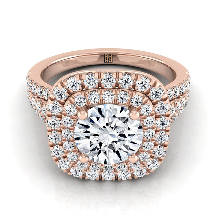 Round Brilliant, Four Row Double Halo, in 14K Rose Gold, pave setting | RockHer