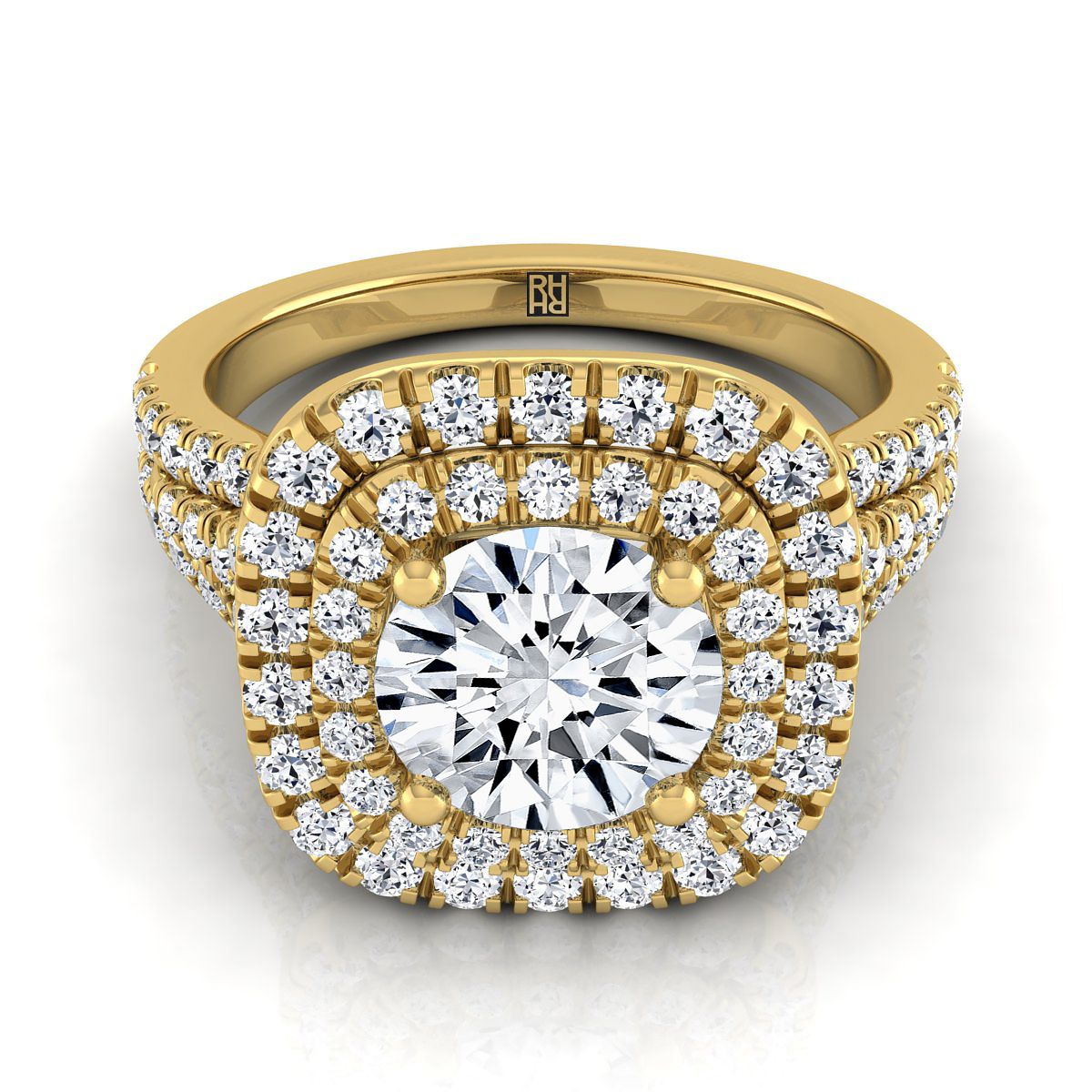 Lyra Select Double Halo Round Lab Diamond Engagement Ring in 18K Yellow Gold | RockHer