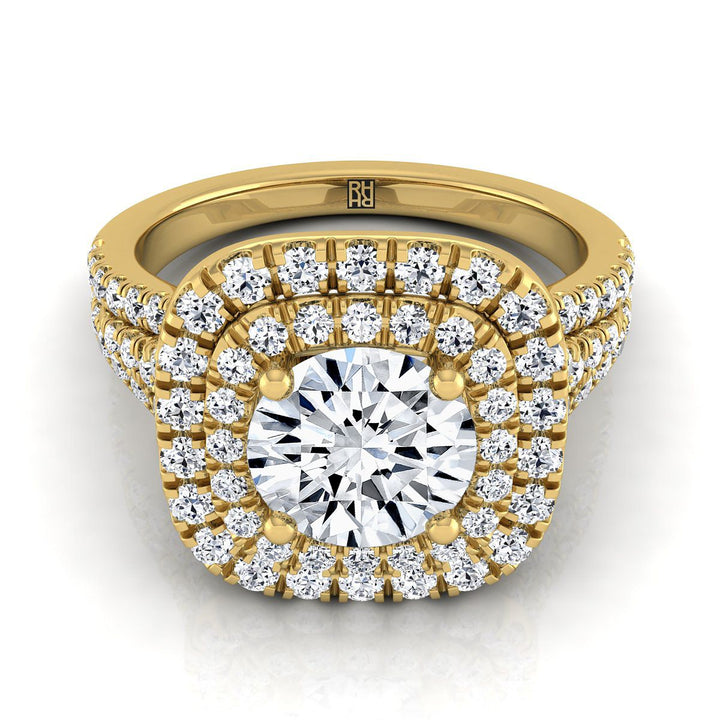 Round Brilliant, Four Row Double Halo, in 18K Yellow Gold, pave setting – view 8 | RockHer