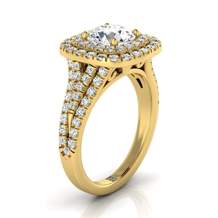 14K Yellow Gold Round Brilliant Diamond Four Row Split Shank Pave Double Halo Diamond Engagement Ring -7/8ctw