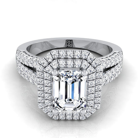 Platinum Emerald Cut Extraordinary Three Tier Diamond Halo Crown Engagement Ring -7/8ctw
