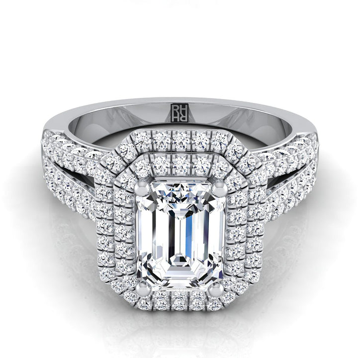 European Cut, Three Tier Halo Crown Emerald, in 18K White Gold, pave setting | RockHer
