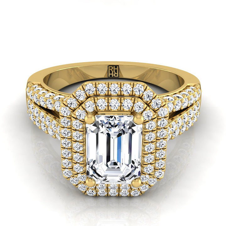 European Cut, Three Tier Halo Crown Emerald, in 18K Yellow Gold, pave setting | RockHer