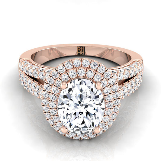 14K Rose Gold Oval Extraordinary Three Tier Diamond Halo Crown Engagement Ring -7/8ctw