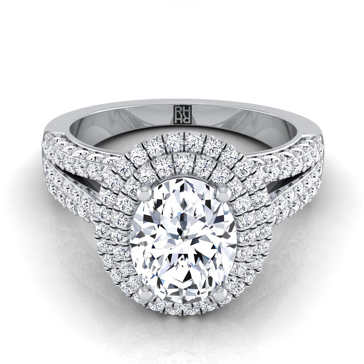 Mariah Select Three Tier Halo Crown Oval Lab Diamond Engagement Ring in 18K White Gold | RockHer
