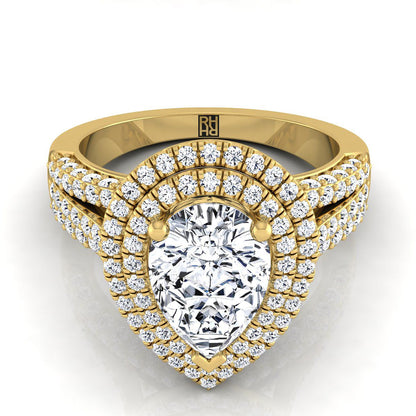 Three Tier Halo Crown Pear Shape, in 18K Yellow Gold, pave setting | RockHer
