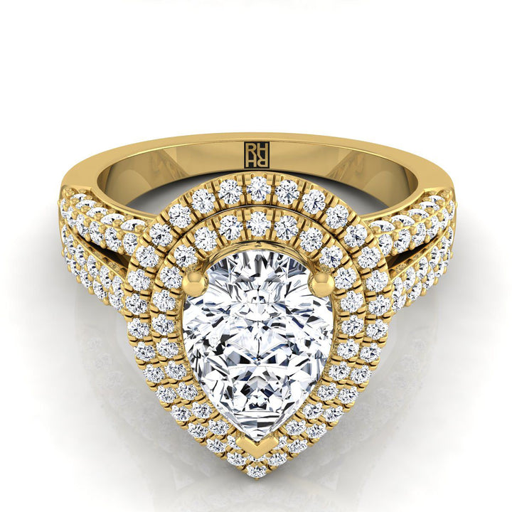 Three Tier Halo Crown Pear Shape, in 18K Yellow Gold, pave setting | RockHer