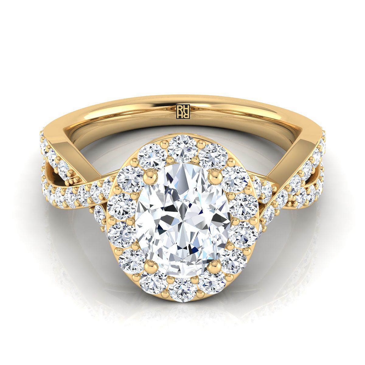 Melody Select Twisted Lattice Halo Oval Lab Diamond Engagement Ring in 18K Yellow Gold | RockHer
