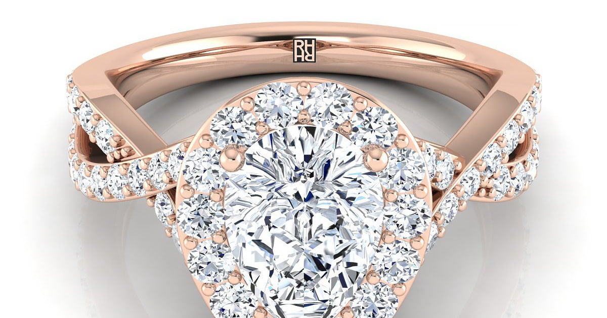 14K Rose Gold Pear Shape Center Twisted Open Lattice Diamond Halo Enga