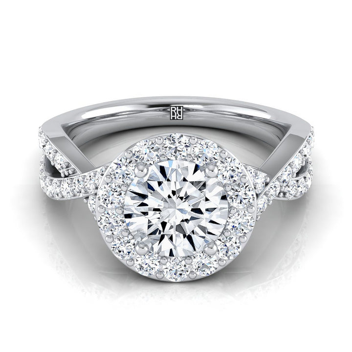 Round Brilliant, Twisted Lattice Halo, in 18K White Gold, pave setting | RockHer