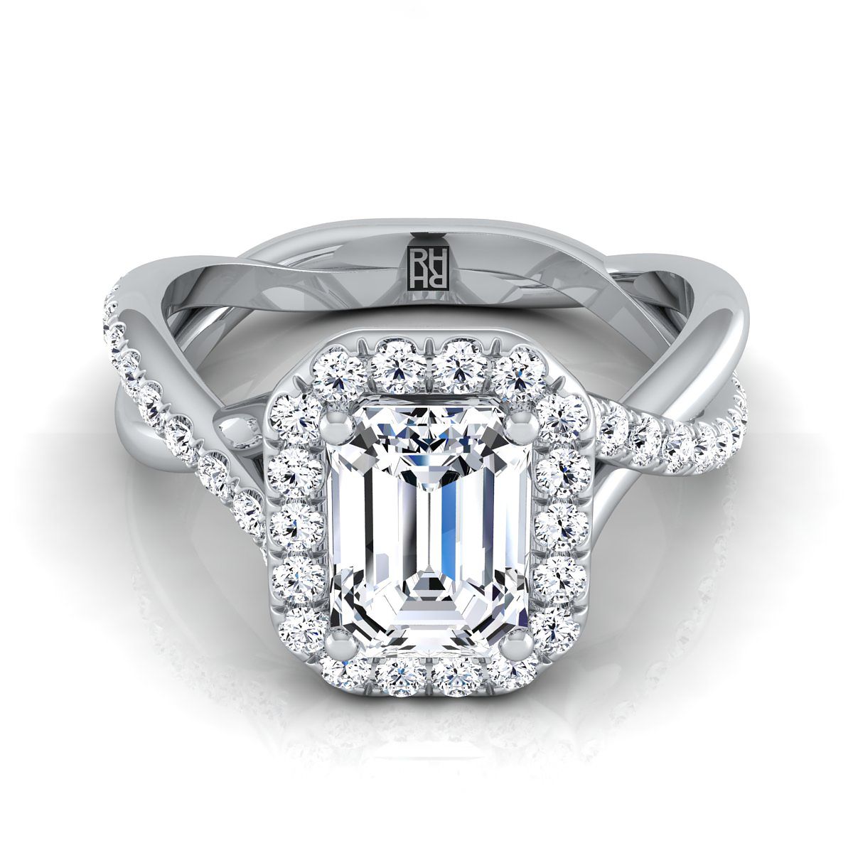 Harmony Select Twisted Vine Halo Emerald Cut Lab Diamond Engagement Ring in Platinum | RockHer
