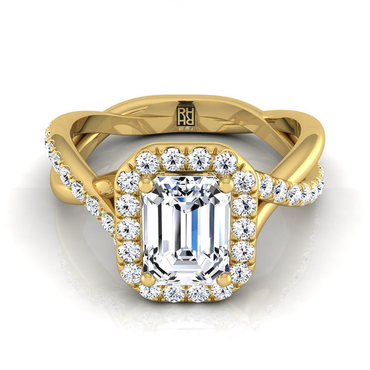 The Harmony Twisted Vine Halo Emerald Cut Engagement Ring Setting in 18K Yellow Gold