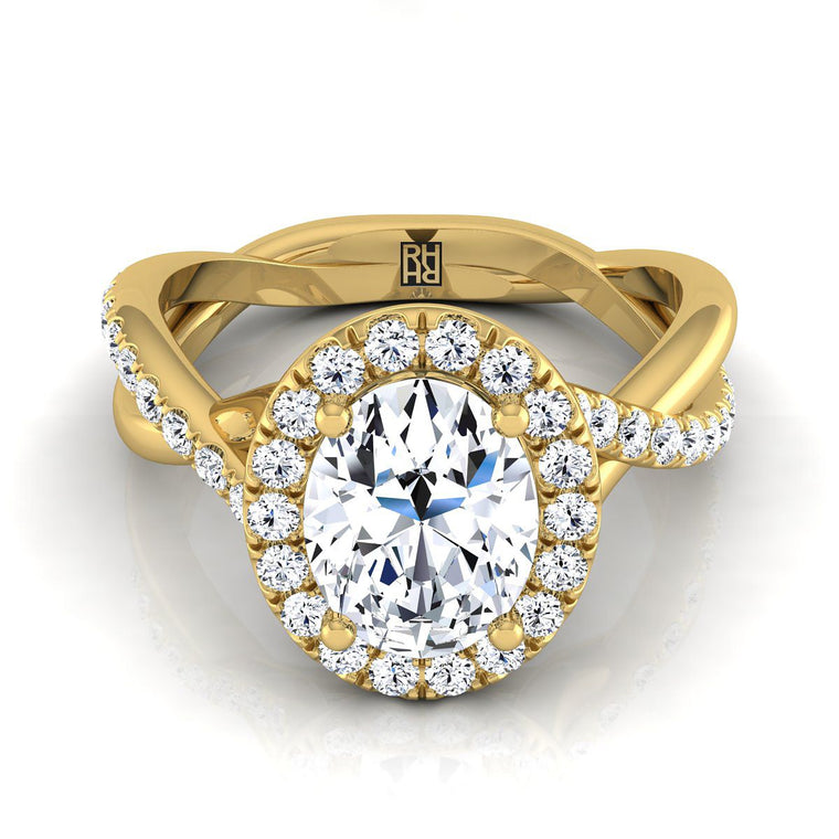 The Harmony Twisted Vine Halo Oval Engagement Ring Setting in 18K Yellow Gold