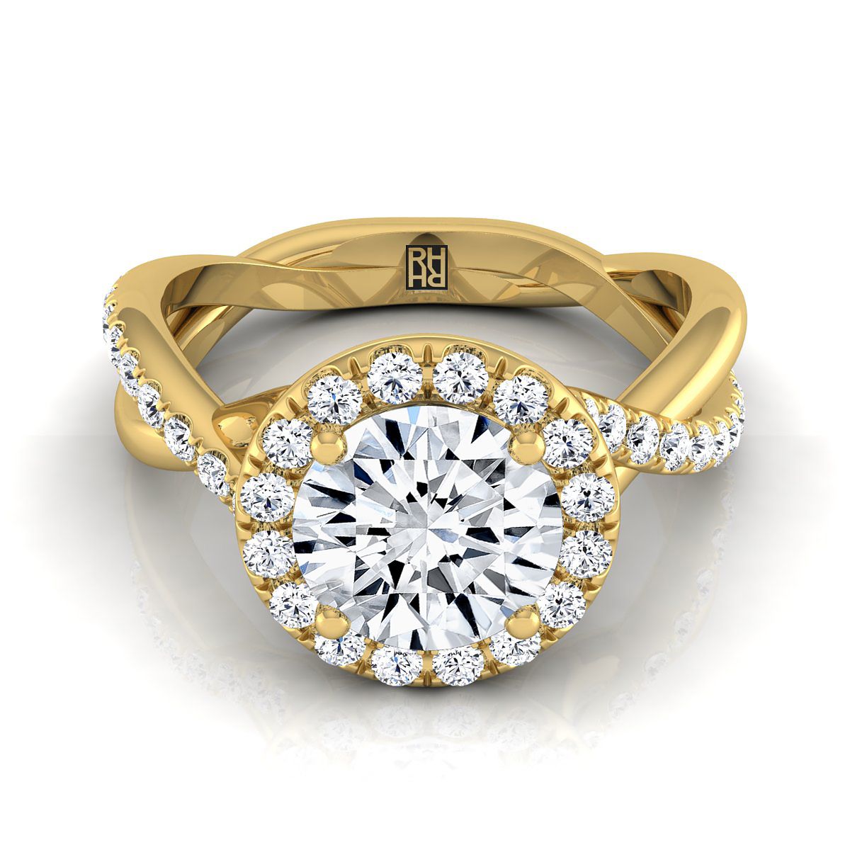 18K Yellow Gold Round Brilliant Diamond Twisted Vine Halo Engagement Ring -1/2ctw