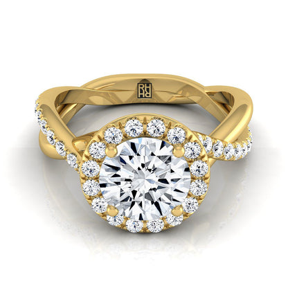Round Brilliant, Twisted Vine Halo, in 18K Yellow Gold, pave setting | RockHer