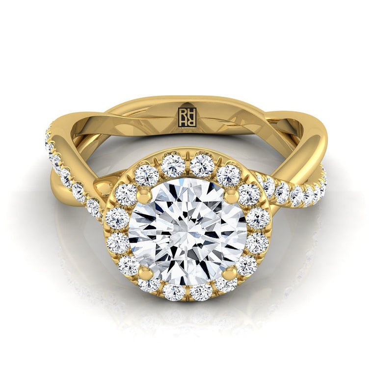 The Harmony Twisted Vine Halo Round Engagement Ring Setting in 18K Yellow Gold