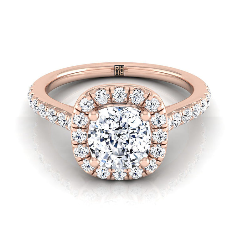 The Adriana Cathedral Pavé Halo Cushion Cut Engagement Ring Setting in 14K Rose Gold