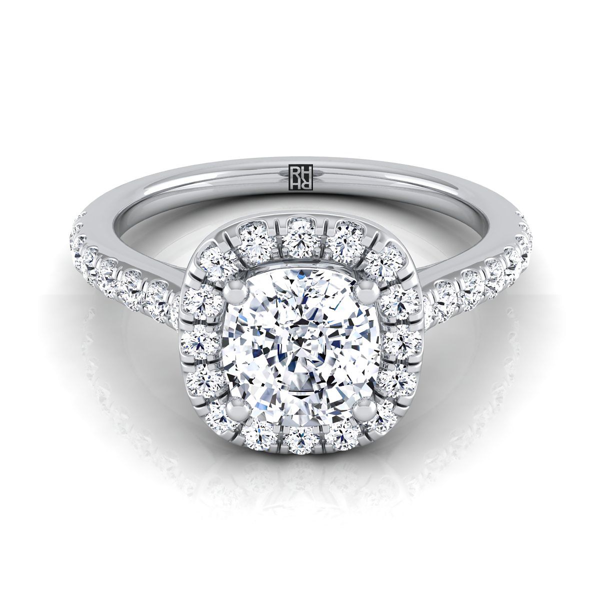 18K White Gold Cushion Diamond Classic Pave Halo Cathedral Style