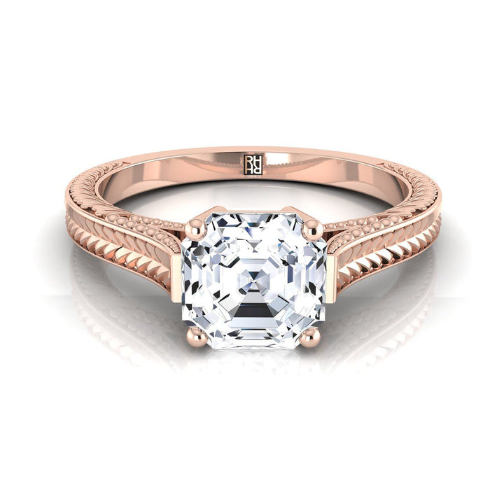 Hand-Engraved Vintage Cathedral Solitaire Asscher, in 14K Rose Gold, prong setting | RockHer