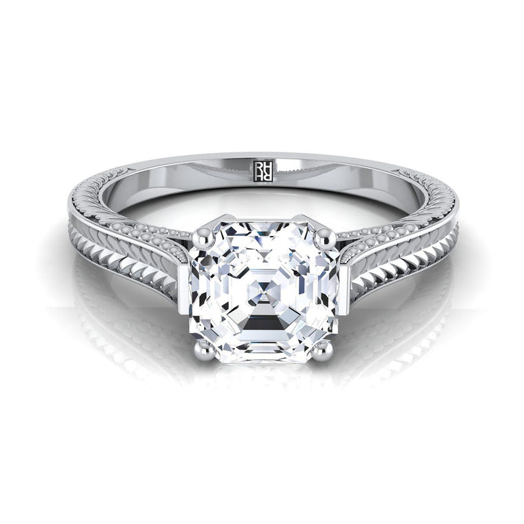 The Aida Hand Engraved Vintage Cathedral Solitaire Asscher Cut Engagement Ring Setting in Platinum