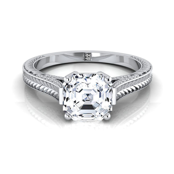 Hand-Engraved Vintage Cathedral Solitaire Asscher, in 18K White Gold, prong setting | RockHer