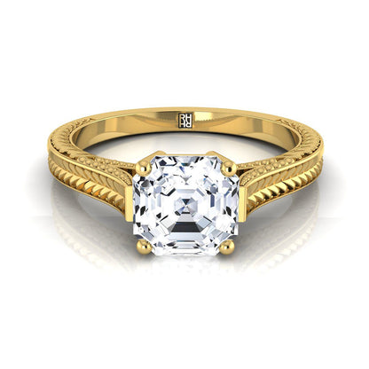 Hand-Engraved Vintage Cathedral Solitaire Asscher, in 18K Yellow Gold, prong setting | RockHer