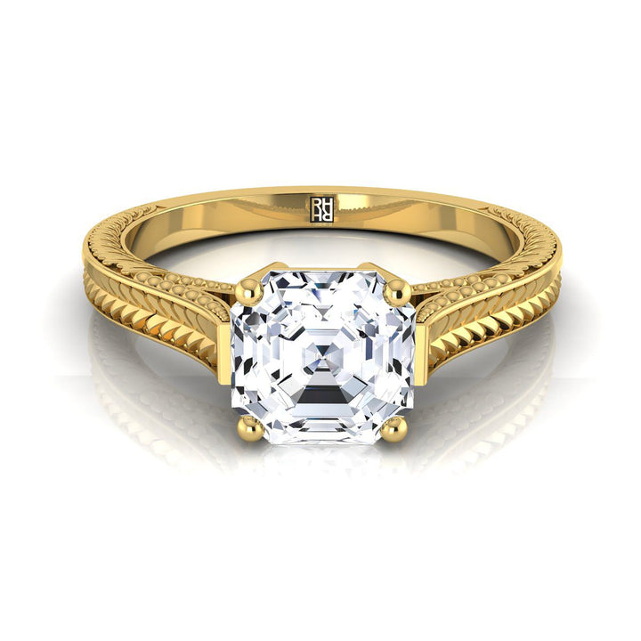 Hand-Engraved Vintage Cathedral Solitaire Asscher, in 18K Yellow Gold, prong setting | RockHer