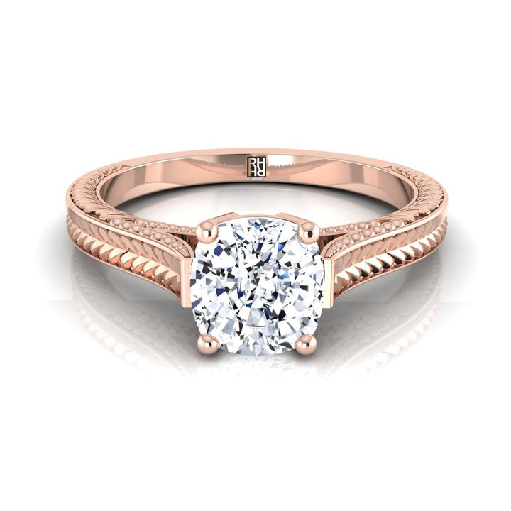 Hand-Engraved Vintage Cathedral Solitaire Cushion, in 14K Rose Gold, prong setting | RockHer