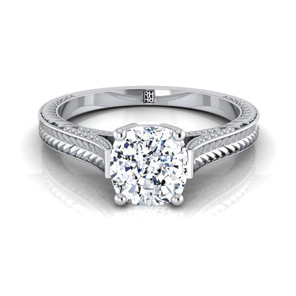 Hand-Engraved Vintage Cathedral Solitaire Cushion, in Platinum, prong setting | RockHer