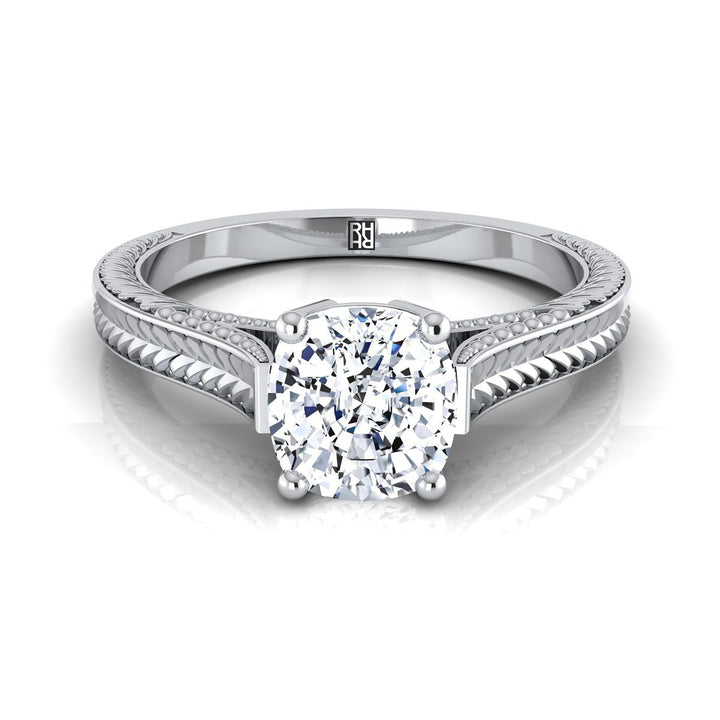 Hand-Engraved Vintage Cathedral Solitaire Cushion, in Platinum, prong setting | RockHer