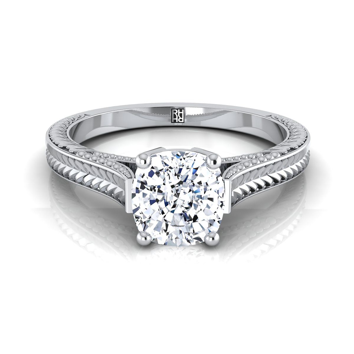Aida Select Vintage Solitaire Cushion Cut Lab Diamond Engagement Ring in Platinum | RockHer