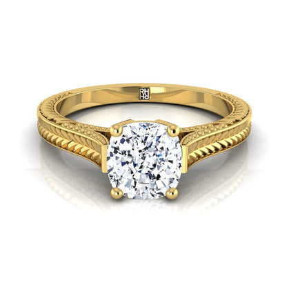 Hand-Engraved Vintage Cathedral Solitaire Cushion, in 18K Yellow Gold, prong setting | RockHer
