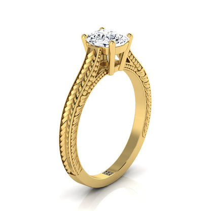 Hand-Engraved Vintage Cathedral Solitaire Cushion, in 18K Yellow Gold, prong setting – side profile | RockHer