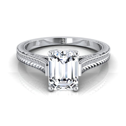 European Cut, Hand-Engraved Vintage Cathedral Solitaire Emerald, in Platinum, prong setting | RockHer