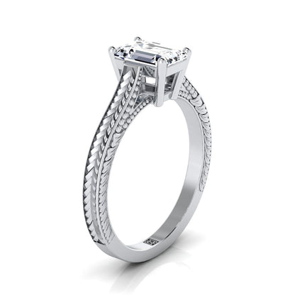 European Cut, Hand-Engraved Vintage Cathedral Solitaire Emerald, in Platinum, prong setting – side profile | RockHer