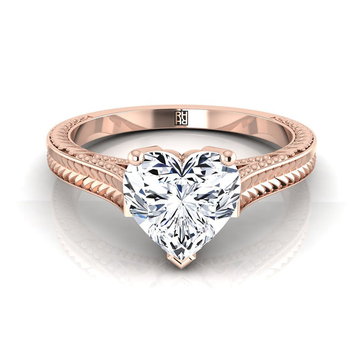 Hand-Engraved Vintage Cathedral Solitaire Heart Shape, in 14K Rose Gold, prong setting | RockHer
