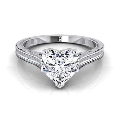 Hand-Engraved Vintage Cathedral Solitaire Heart Shape, in Platinum, prong setting | RockHer