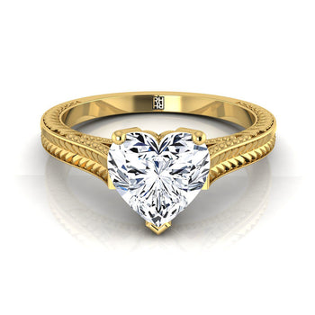 The Aida Hand Engraved Vintage Cathedral Solitaire Heart Engagement Ring Setting in 18K Yellow Gold