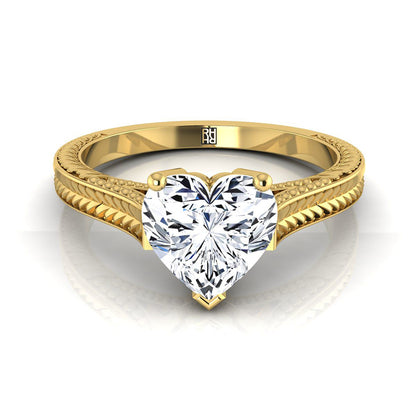 Hand-Engraved Vintage Cathedral Solitaire Heart Shape, in 18K Yellow Gold, prong setting | RockHer