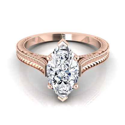 Hand-Engraved Vintage Cathedral Solitaire Marquise, in 14K Rose Gold, prong setting | RockHer