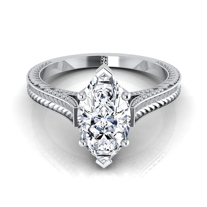 Hand-Engraved Vintage Cathedral Solitaire Marquise, in Platinum, prong setting | RockHer