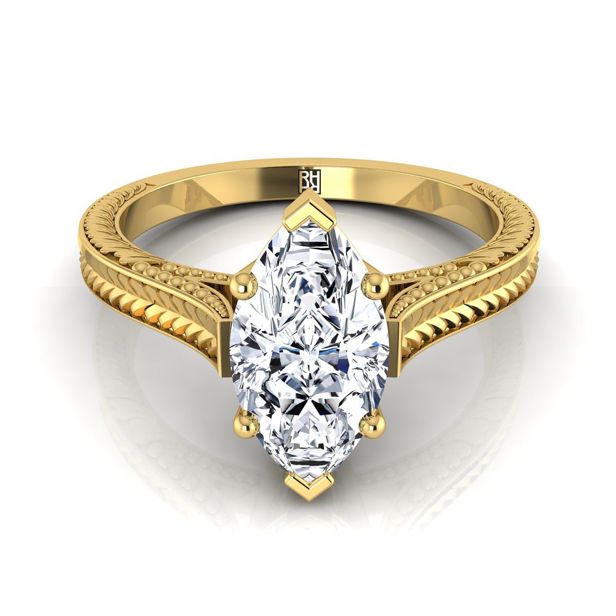 The Aida hand engraved vintage cathedral solitaire engagement ring setting, shown in 18K Yellow Gold | RockHer