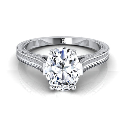 Hand-Engraved Vintage Cathedral Solitaire Oval, in Platinum, prong setting | RockHer