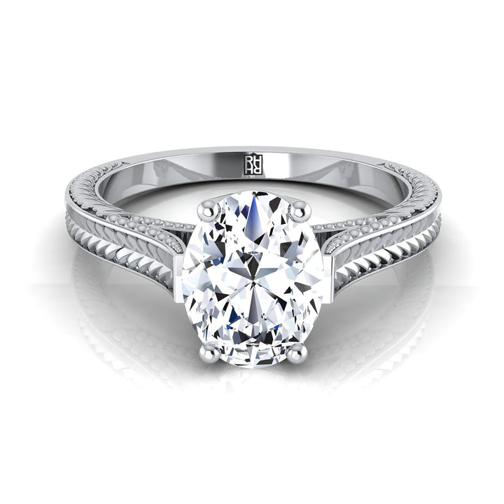 Hand-Engraved Vintage Cathedral Solitaire Oval, in Platinum, prong setting | RockHer