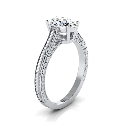 Hand-Engraved Vintage Cathedral Solitaire Oval, in 18K White Gold, prong setting – side profile | RockHer