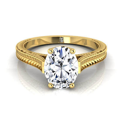 Hand-Engraved Vintage Cathedral Solitaire Oval, in 18K Yellow Gold, prong setting | RockHer