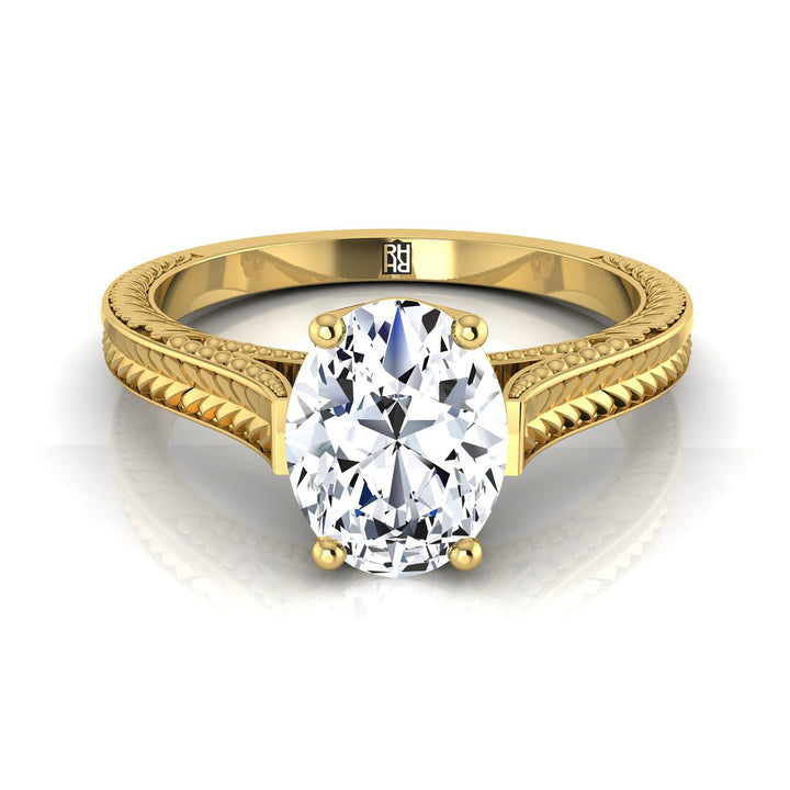 Hand-Engraved Vintage Cathedral Solitaire Oval, in 18K Yellow Gold, prong setting | RockHer