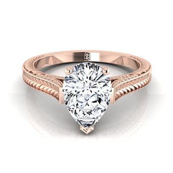 The Aida Hand Engraved Vintage Cathedral Solitaire Pear Engagement Ring Setting in 14K Rose Gold